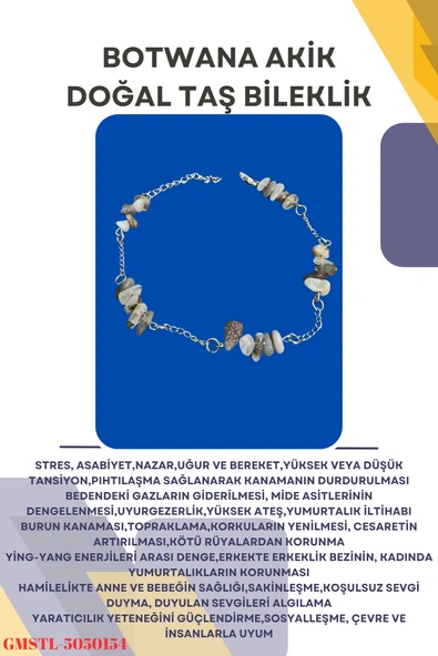 GÜMÜŞTEL EL SANATLARI Sertifikalı Bostwana Doğal Taş El Yapımı Tasarım Bileklik ürün görseli 1