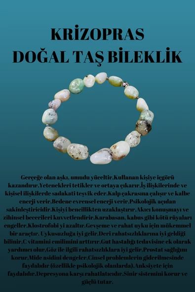GÜMÜŞTEL EL SANATLARI Sertifikalı Krizopras Doğal Taş Şekilsiz Tımbıl Bileklik AAA Kalite - Resim 2