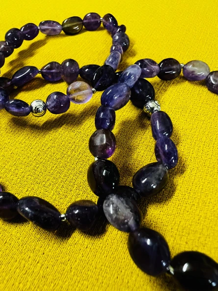 GÜMÜŞTEL EL SANATLARI Sertifikalı Ametist Doğal Taş Şekilsiz Tımbıl Bileklik AAA Kalite Sürpriz Hediyeli - Resim 2