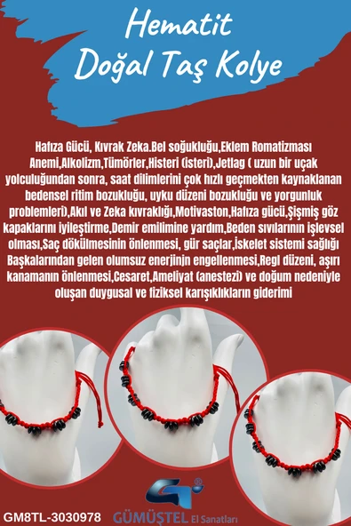 GÜMÜŞTEL EL SANATLARI Sertifikalı Hematit Doğal Taş Tasarım Bileklik Aaa Kalite Hafıza Konsantrasyon Kıvrak Zeka ürün görseli 1