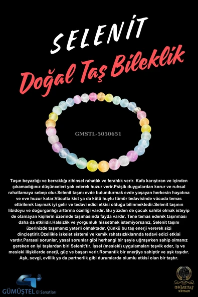 GÜMÜŞTEL EL SANATLARI Sertifikalı Renkli Selenit Doğal Taş Bileklik AAA Kalite Sürpriz Hediyeli ürün görseli 1