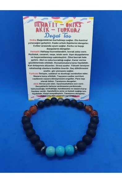 GÜMÜŞTEL EL SANATLARI Sertifikalı Hematit Oniks Akik Turkuaz Taşı Tasarım Bileklik ürün görseli 1