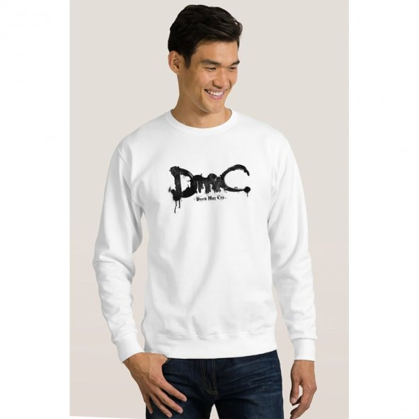 Dmc Devil May Cry Logo Baskılı Beyaz Erkek Örme Sweatshirt Uzun kol