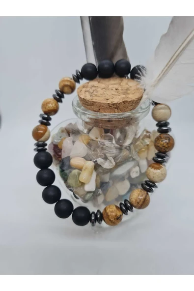 GÜMÜŞTEL EL SANATLARI Sertifikalı Jasper , Hematit , Oniks Doğal Taş Bileklik Tasarım ürün görseli 1