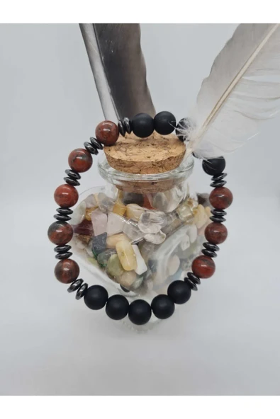 GÜMÜŞTEL EL SANATLARI Sertifikalı Jasper , Hematit , Oniks Doğal Taş Bileklik Tasarım