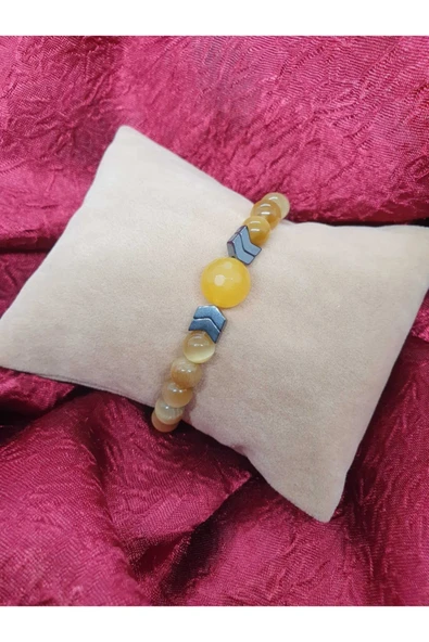 GÜMÜŞTEL EL SANATLARI Sertifikalı Doğal Taş Kaplan Gözü Akik Hematit Taşı Tasarım Bileklik - Resim 2