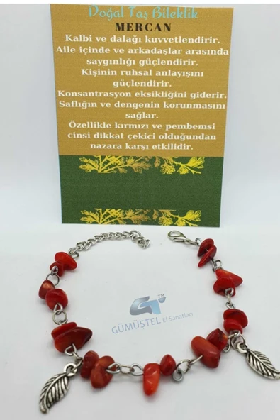 GÜMÜŞTEL EL SANATLARI Sertifikalı Mercan Taşı Bileklik Orijinal Doğal Taş Tasarım Bileklik
