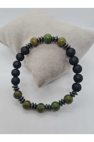 GÜMÜŞTEL EL SANATLARI Sertifikalı Afrika Turkuaz, Hematit, Oniks Doğal Taş Bileklik Tasarım ürün görseli 1