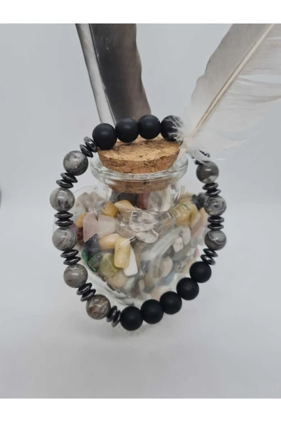 GÜMÜŞTEL EL SANATLARI Sertifikalı Jasper , Hematit , Oniks Doğal Taş Bileklik Tasarım ürün görseli 1