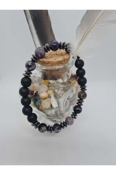 GÜMÜŞTEL EL SANATLARI Sertifikalı Shungite, Hematit, Oniks Doğal Taş Bileklik Tasarım