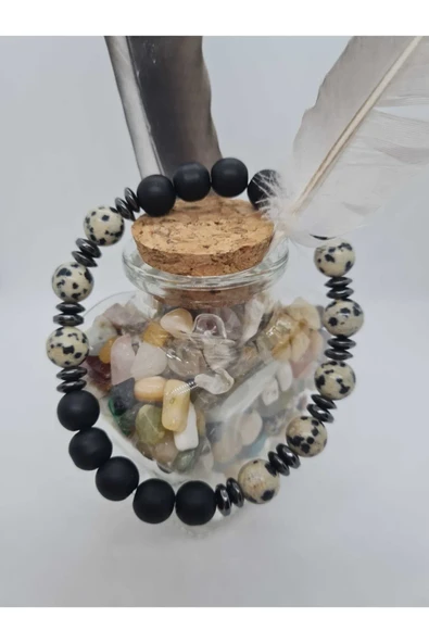 GÜMÜŞTEL EL SANATLARI Sertifikalı Jasper , Hematit , Oniks Doğal Taş Bileklik Tasarım