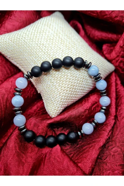GÜMÜŞTEL EL SANATLARI Sertifikalı Akuamarin & Hematit & Oniks Doğal Taş Bileklik ürün görseli 1