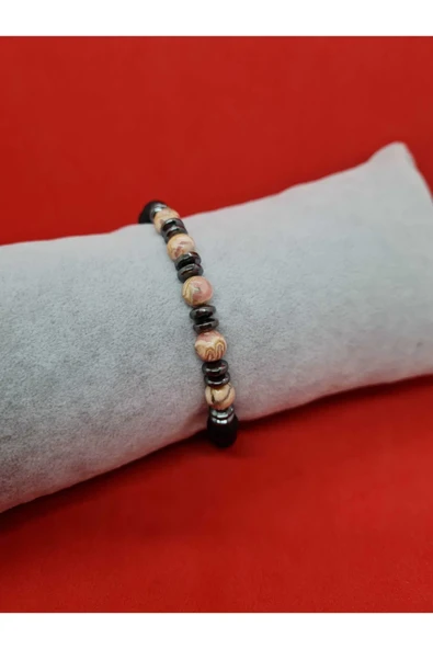 GÜMÜŞTEL EL SANATLARI Sertifikalı Doğal Taş Rodokrozit Ve Hematit Ve Oniks Doğal Taş Bileklik - 4