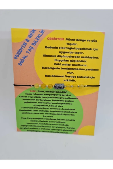 GÜMÜŞTEL EL SANATLARI Sertifikalı Obsidyen & Akik Doğal Taş Bileklik - Resim 3