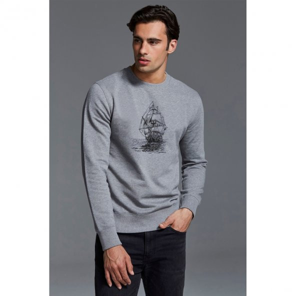 Amiral Gemisi Çizim Yelkenli Gemi Kalem Baskılı Gri Erkek Örme Sweatshirt Uzun kol
