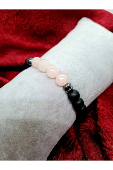 GÜMÜŞTEL EL SANATLARI Sertifikalı Pembe Kuvars & Oniks & Hematit Doğal Taş Bileklik - 2