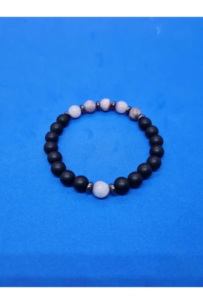 GÜMÜŞTEL EL SANATLARI Sertifikalı Doğal Taş Kunzit & Hematit & Oniks Bileklik - Resim 4