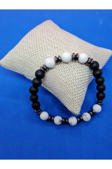 GÜMÜŞTEL EL SANATLARI Sertifikalı Doğal Taş Havlit & Hematit & Oniks Bileklik ürün görseli 1
