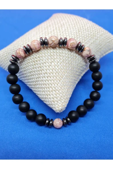 GÜMÜŞTEL EL SANATLARI Sertifikalı Doğal Taş Rodokrozit Ve Hematit Ve Oniks Doğal Taş Bileklik