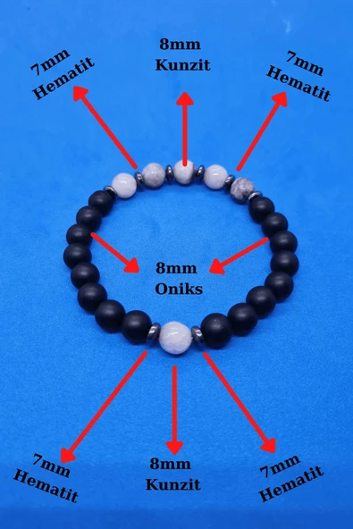 GÜMÜŞTEL EL SANATLARI Sertifikalı Doğal Taş Kunzit & Hematit & Oniks Bileklik - Resim 2