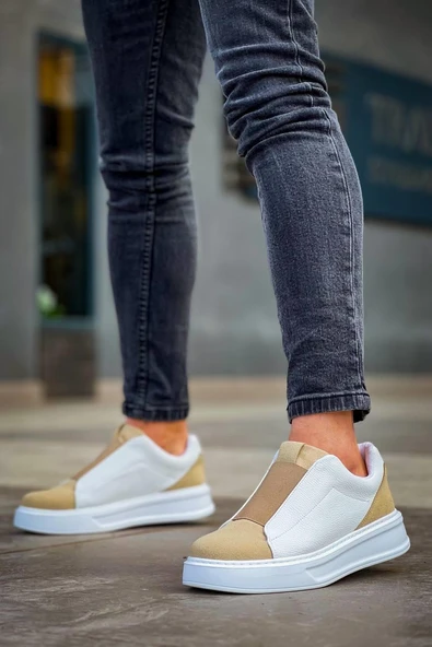 KB-007  Kuback  Beyaz Bej Yüksek Taban Tek Bant Bağcıksız Günlük Erkek Ayakkabı - Resim 2