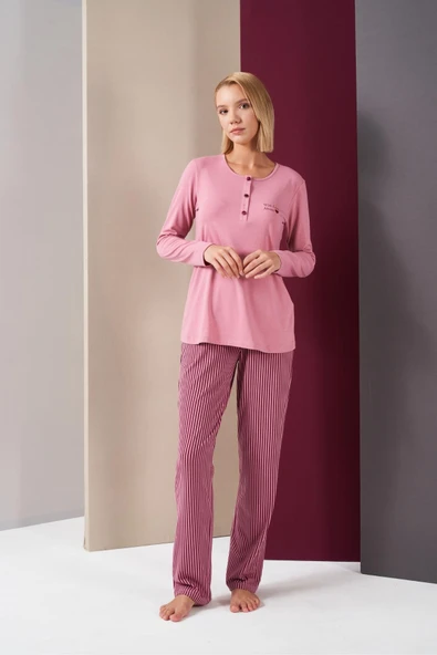 Pjs 26008 With Love Always Kadın Patlı Çizgili Uzun Kollu Pijama Takım - 2