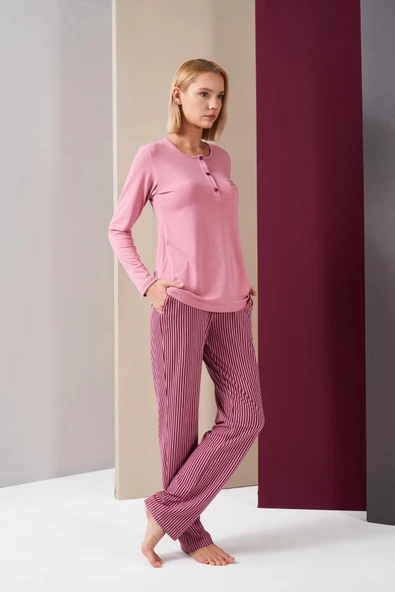 Pjs 26008 With Love Always Kadın Patlı Çizgili Uzun Kollu Pijama Takım - 3