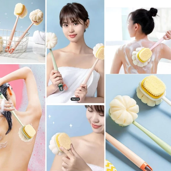 Kenzo®  2'si 1 Arada Çift Taraflı Uzun Saplı Fırçalı Banyo Vücut Sırt Fırçası Banyo Lifi - 5