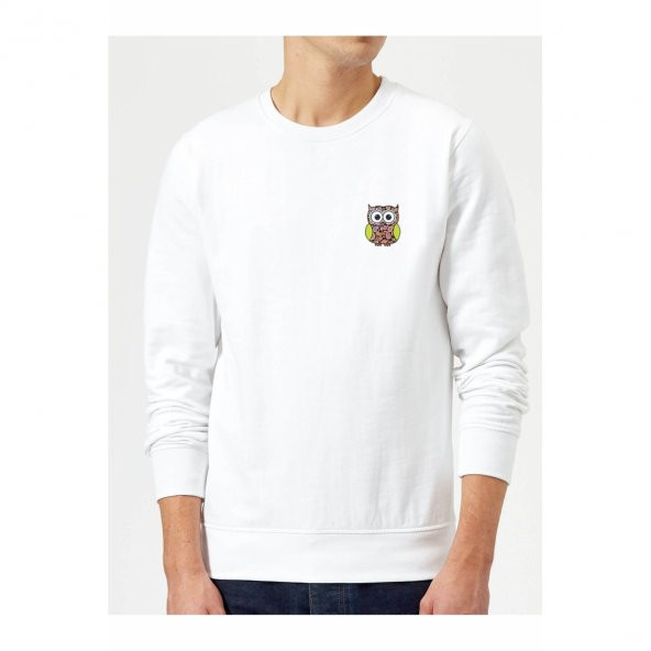 Baykuş Sevimli Baykuş Yeşil Ve Beyaz Gömlekli Göğüs Baskılı Beyaz Erkek Örme Sweatshirt Uzun kol