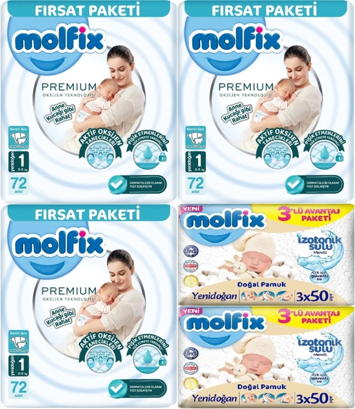Molfix Premium Bebek Bezi Beden:1 (2-5KG) Yeni Doğan 216 Ad Aylık Ultra Fırsat Pk+ 6 Ad Islak Mendil