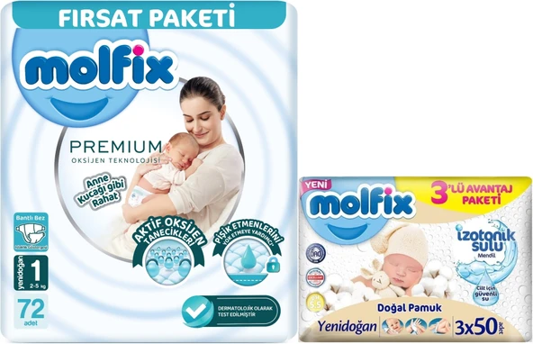 Molfix Premium Bebek Bezi Beden:1 (2-5KG) Yeni Doğan 72 Adet Fırsat Pk + 3 Adet Islak Mendil
