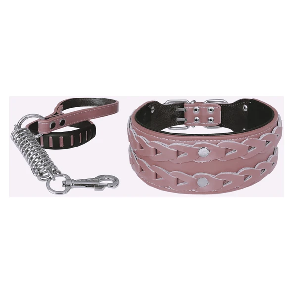 Markapet Elegance Deri İşlemeli Lüks Köpek Tasma Seti XL 7 cm*60-68 cm Pudra ürün görseli