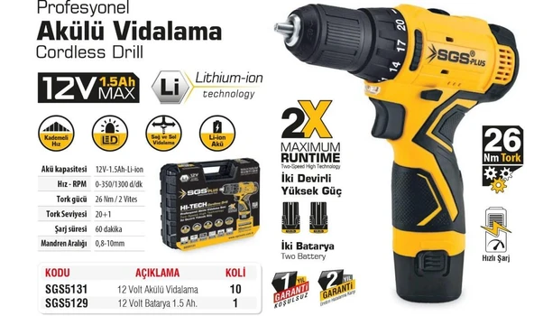 SGS 5131 Akülü Vidalama 12 Volt 1,5 Ah