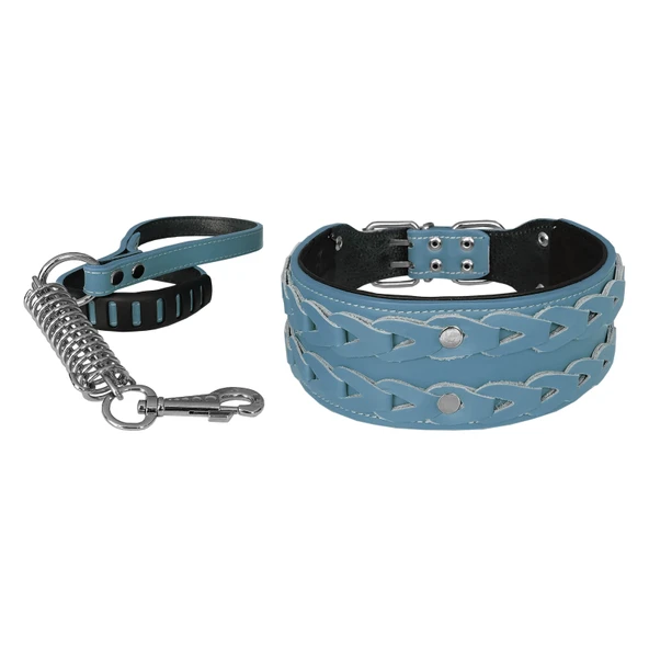 Markapet Elegance Deri İşlemeli Lüks Köpek Tasma Seti XL 7 cm*60-68 cm Turkuaz ürün görseli