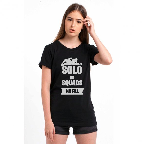 FORTNITE Solo Vs Squads No Fill Baskılı Siyah Kadın Örme Tshirt