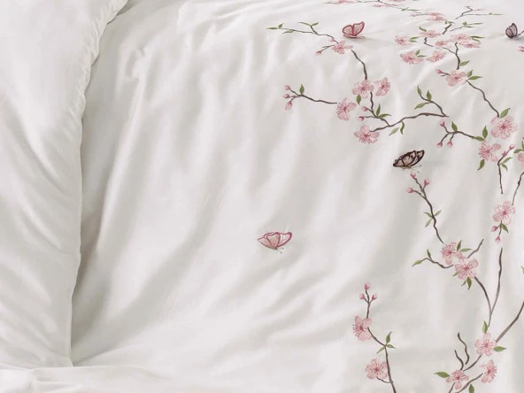 Butterfly 3d Nakışlı Pamuk Saten Nevresim Takımı Krem Pudra - Resim 3