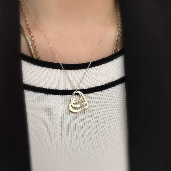 14k Altın İç İçe Üçlü Kalp Kolye - Resim 4