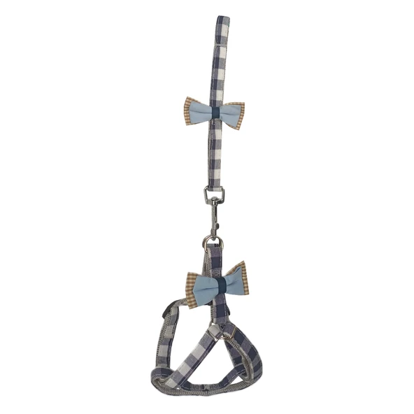 Köpek Göğüs Tasma Seti Ekose Desenli Papyonlu 1.5 cm*35-48 cm Mavi