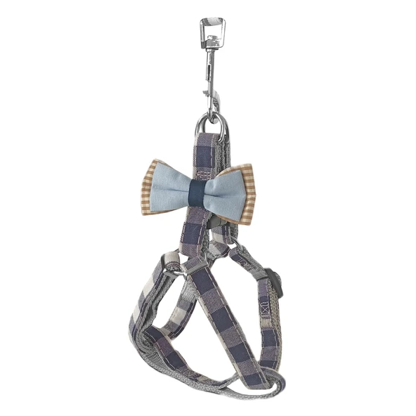 Köpek Göğüs Tasma Seti Ekose Desenli Papyonlu 1.5 cm*35-48 cm Mavi - Resim 2