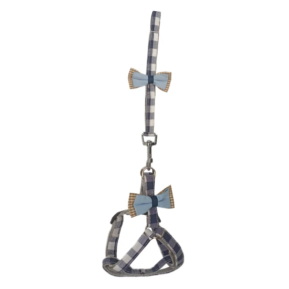 Köpek Göğüs Tasma Seti Ekose Desenli Papyonlu 1.5 cm*35-48 cm Mavi - Resim 4