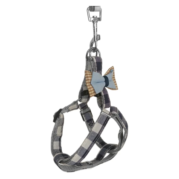 Köpek Göğüs Tasma Seti Ekose Desenli Papyonlu 1.5 cm*35-48 cm Mavi - Resim 5