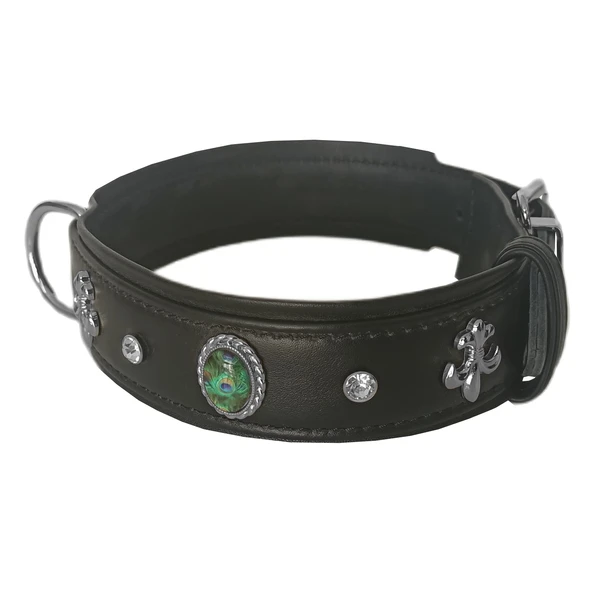 Markapet Deri Tavus Kuşu Tüyü Taşlı Köpek Boyun Tasması 44-50 cm Siyah - Resim 2