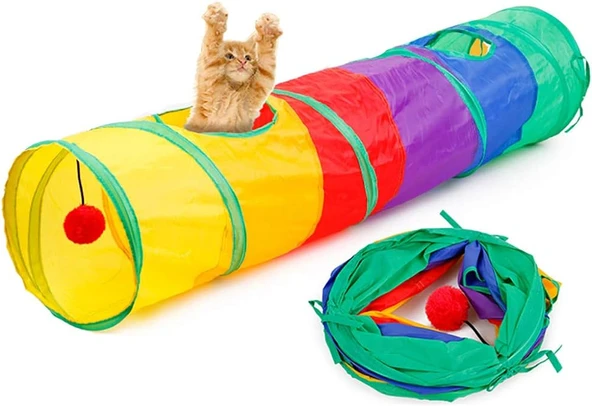 Gökkuşağı Desenli  Kedi Oyun Tüneli, Katlanabilir 125 cm - 7