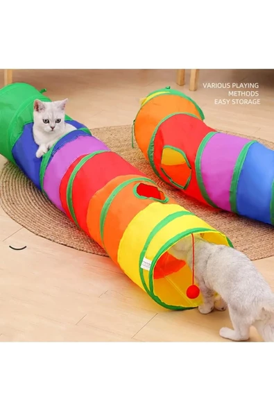 Gökkuşağı Desenli  Kedi Oyun Tüneli, Katlanabilir 125 cm - 6