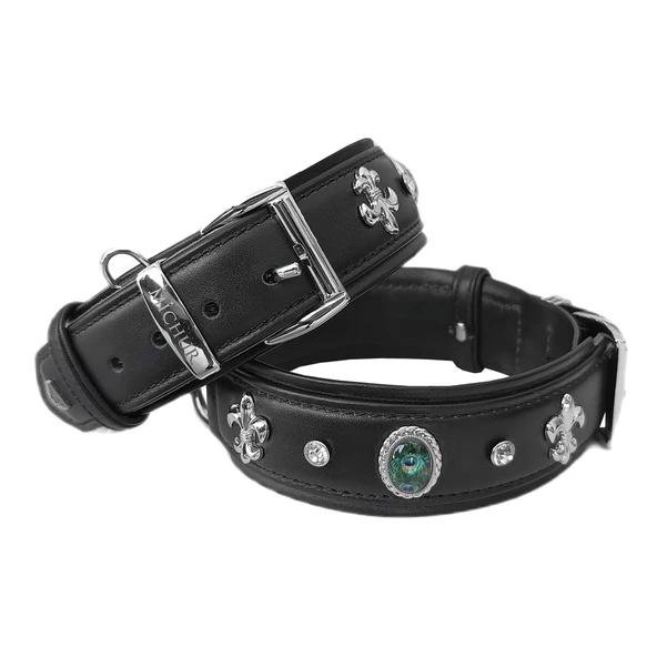 Markapet Deri Tavus Kuşu Tüyü Taşlı Köpek Boyun Tasması 44-50 cm Siyah ürün görseli