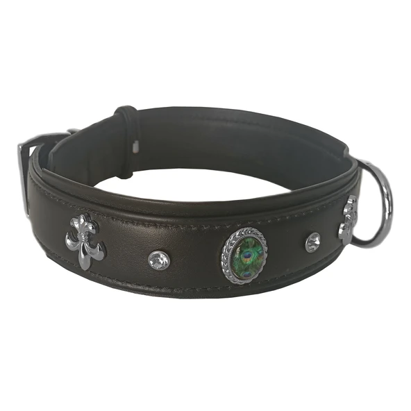 Markapet Deri Tavus Kuşu Tüyü Taşlı Köpek Boyun Tasması 44-50 cm Siyah - Resim 4