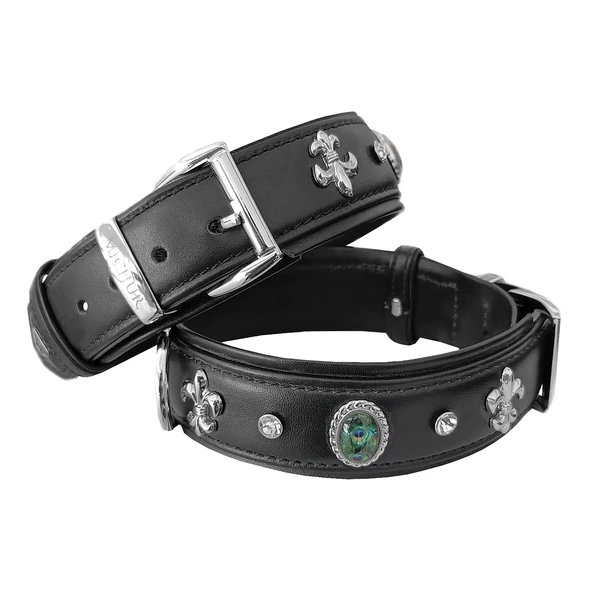 Markapet Deri Tavus Kuşu Tüyü Taşlı Köpek Boyun Tasması 44-50 cm Siyah - Resim 3