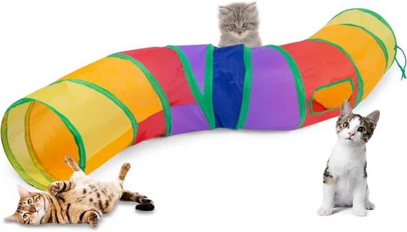 Gökkuşağı Desenli S Model Kedi Oyun Tüneli, Katlanabilir 125 cm - 9