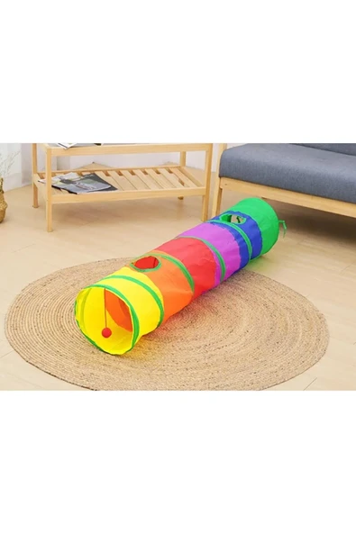 Gökkuşağı Desenli  Kedi Oyun Tüneli, Katlanabilir 125 cm - 2