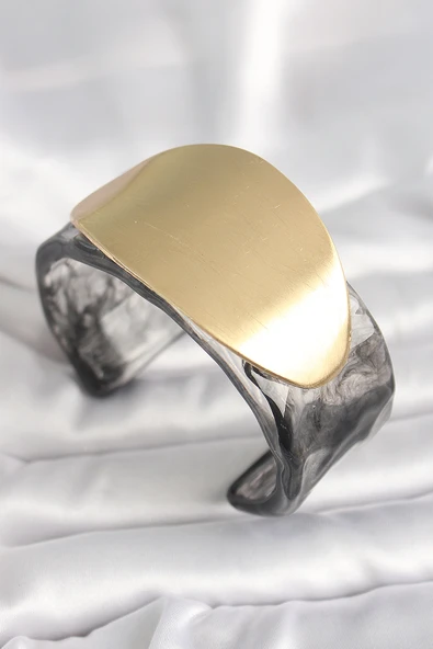 Siyah Mermer Desen Akrilik Plastik Gold Oval Plaka Model Vintage Kadın Bilezik - TJ-BB6683